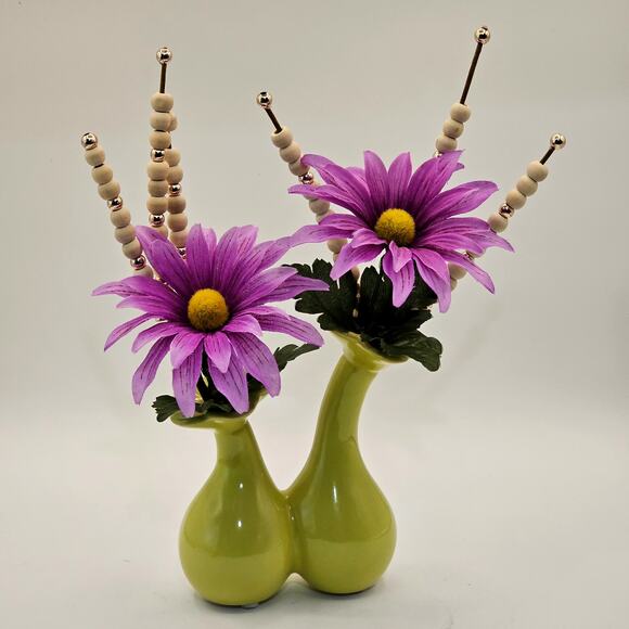 Vintage Chartreuse Double Bulb Flower Bud Vase Quirky Glazed Pottery Home Decor - Picture 2 of 6